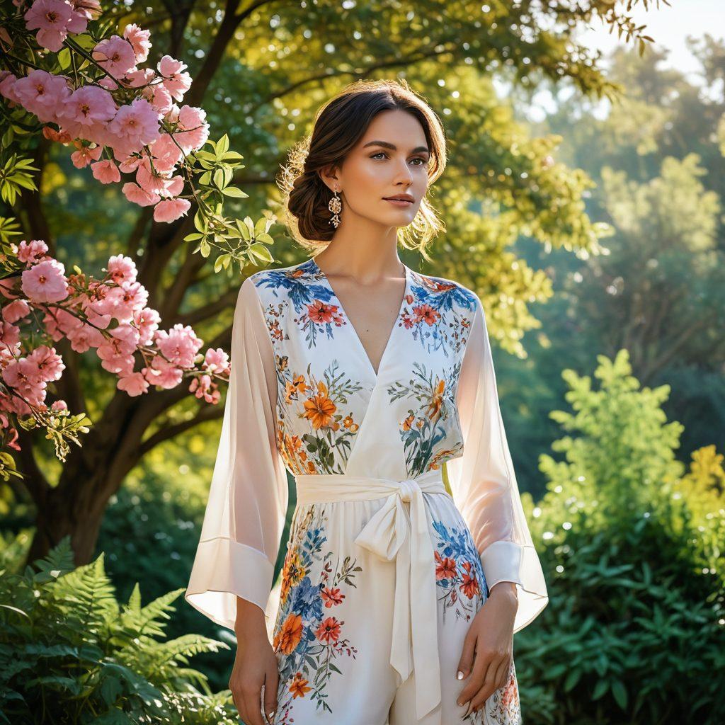 A confident individual stands tall, surrounded by a soft, glowing aura that radiates warmth and positivity. They are dressed in elegant, fashionable attire that showcases their style, set against a backdrop of a serene landscape with vibrant flowers and gentle sunlight filtering through trees. The composition emphasizes their poise and magnetic charm, inspiring viewers to embrace their own beauty. super-realistic. vibrant colors. soft focus.